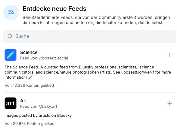 Entdecke neue Feeds - so sieht das in der Oberfläche aus