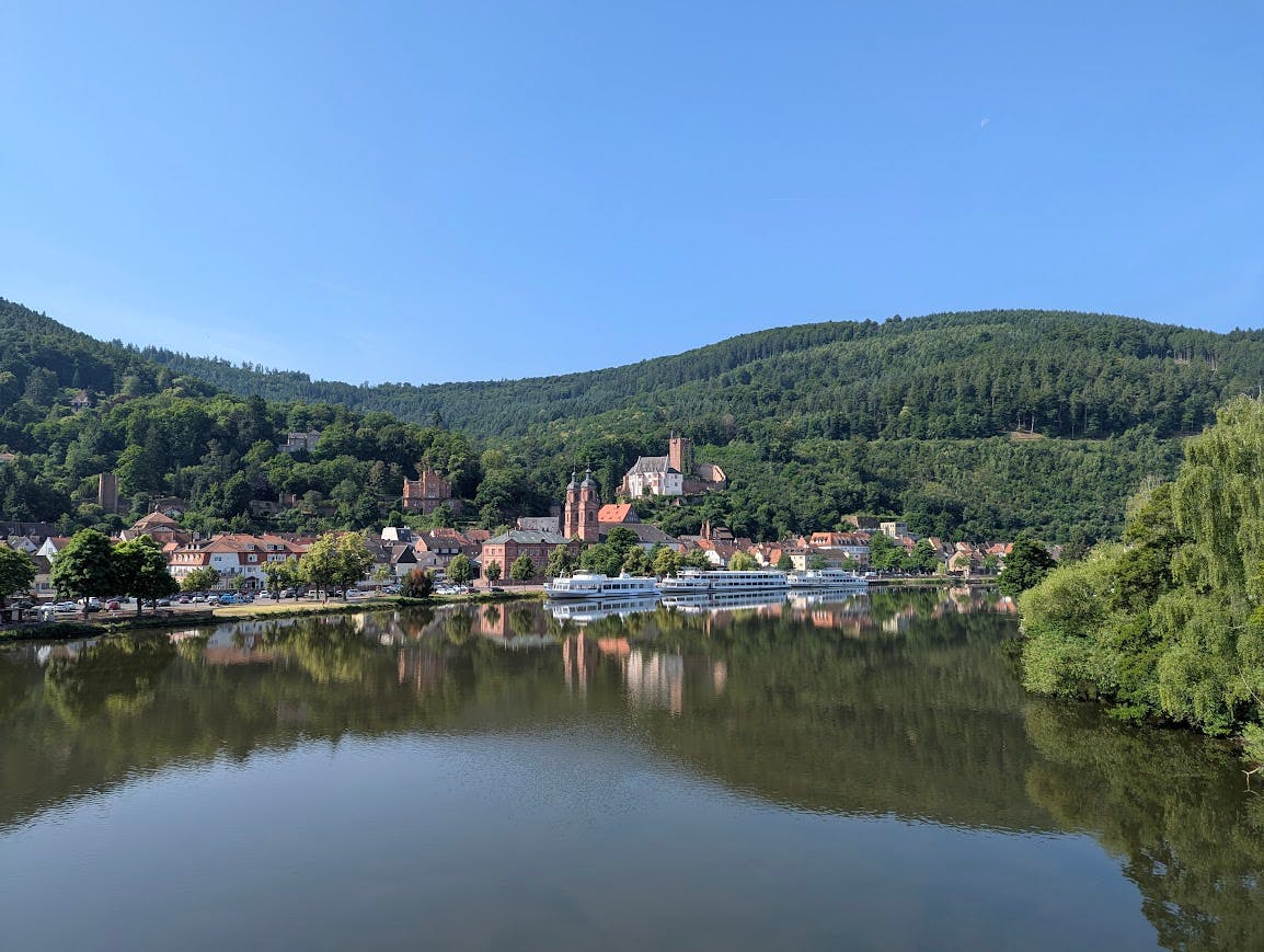 Blick über den Main und den Uferbereich mit einer Kirche, einer Burg und Hügeln