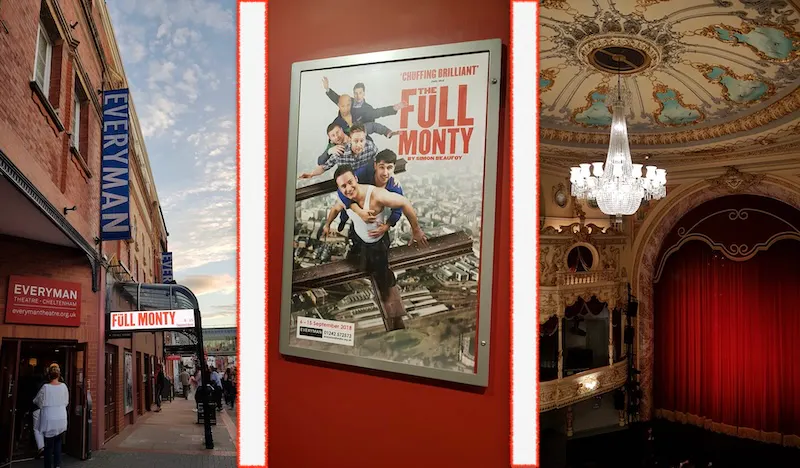 Das Everyman Theatre in Cheltenham von außen und innen mit dem Plakat für eine Aufführung des Stücks "The Full Monty" aus dem Jahr 2018.