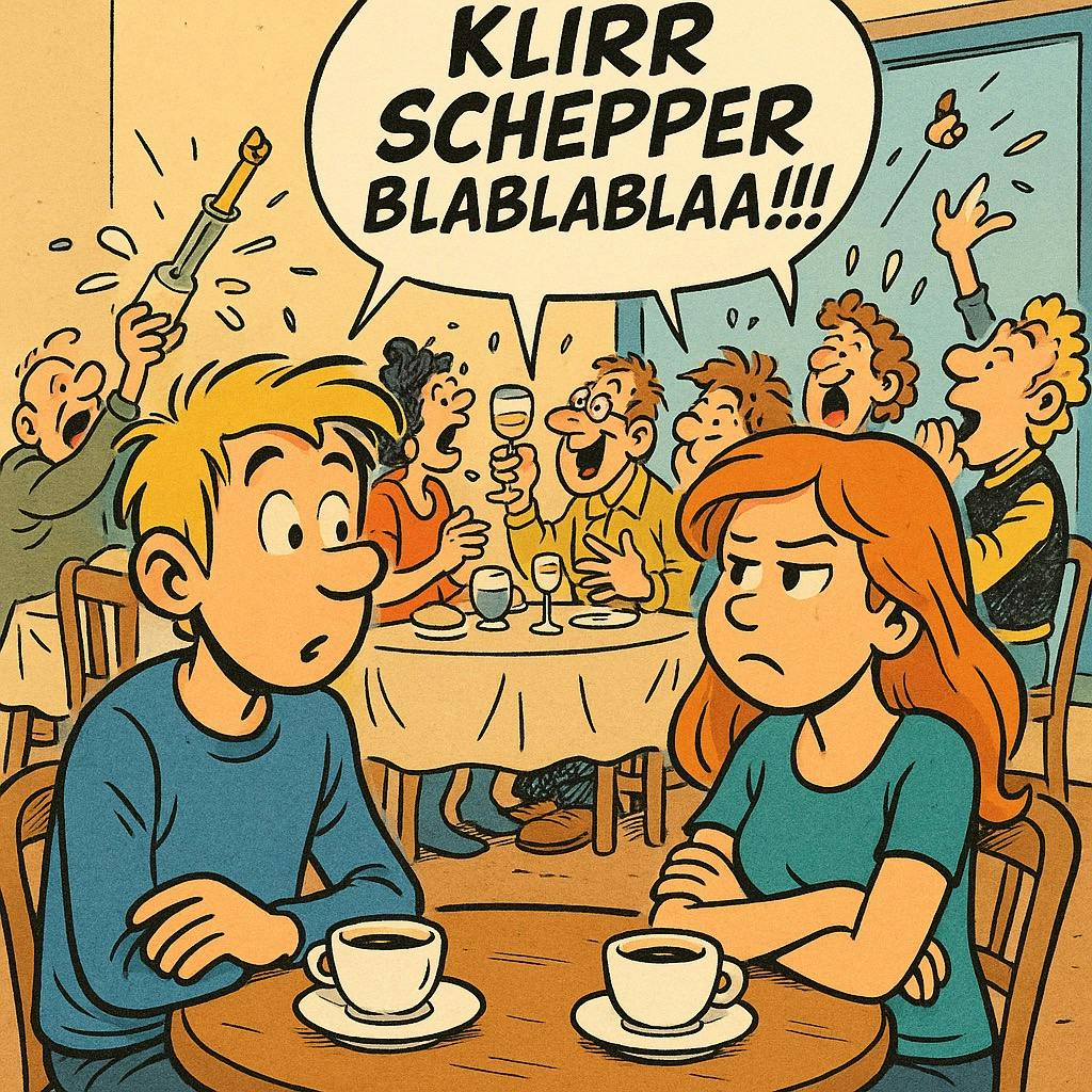 Comic-Zeichnung: Eine junge Frau und ein junger Mann sitzen bei einer Tasse Kaffee an einem Tisch. Im Hintergrund eine Gruppe lärmender Menschen.