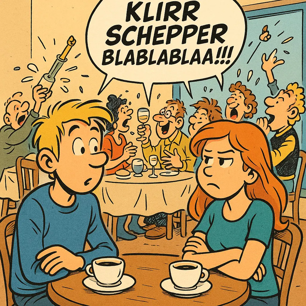 Comic-Zeichnung: Eine junge Frau und ein junger Mann sitzen bei einer Tasse Kaffee an einem Tisch. Im Hintergrund eine Gruppe lärmender Menschen.