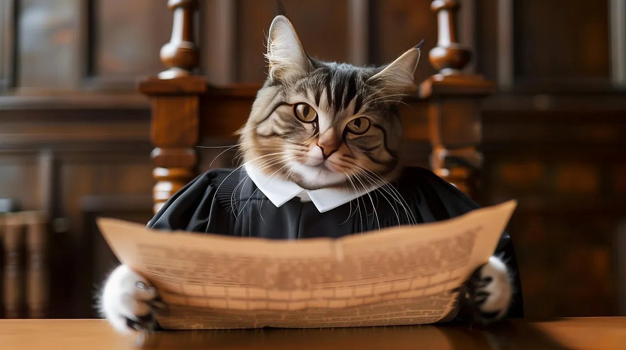 A cat in a judge's robe is sitting at a desk and is holding a newspaper in its paws