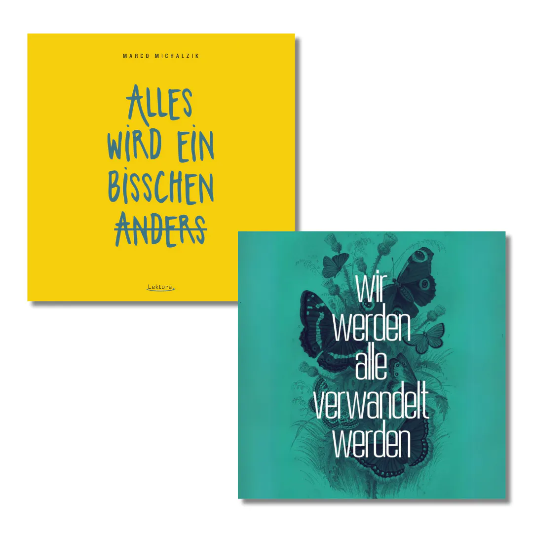 Auf dem Bild siehst du die Cover der beiden Hörbücher "Alles wird ein bisschen anders" und "Wir werden alle verwandelt werden" von Marco Michalzik