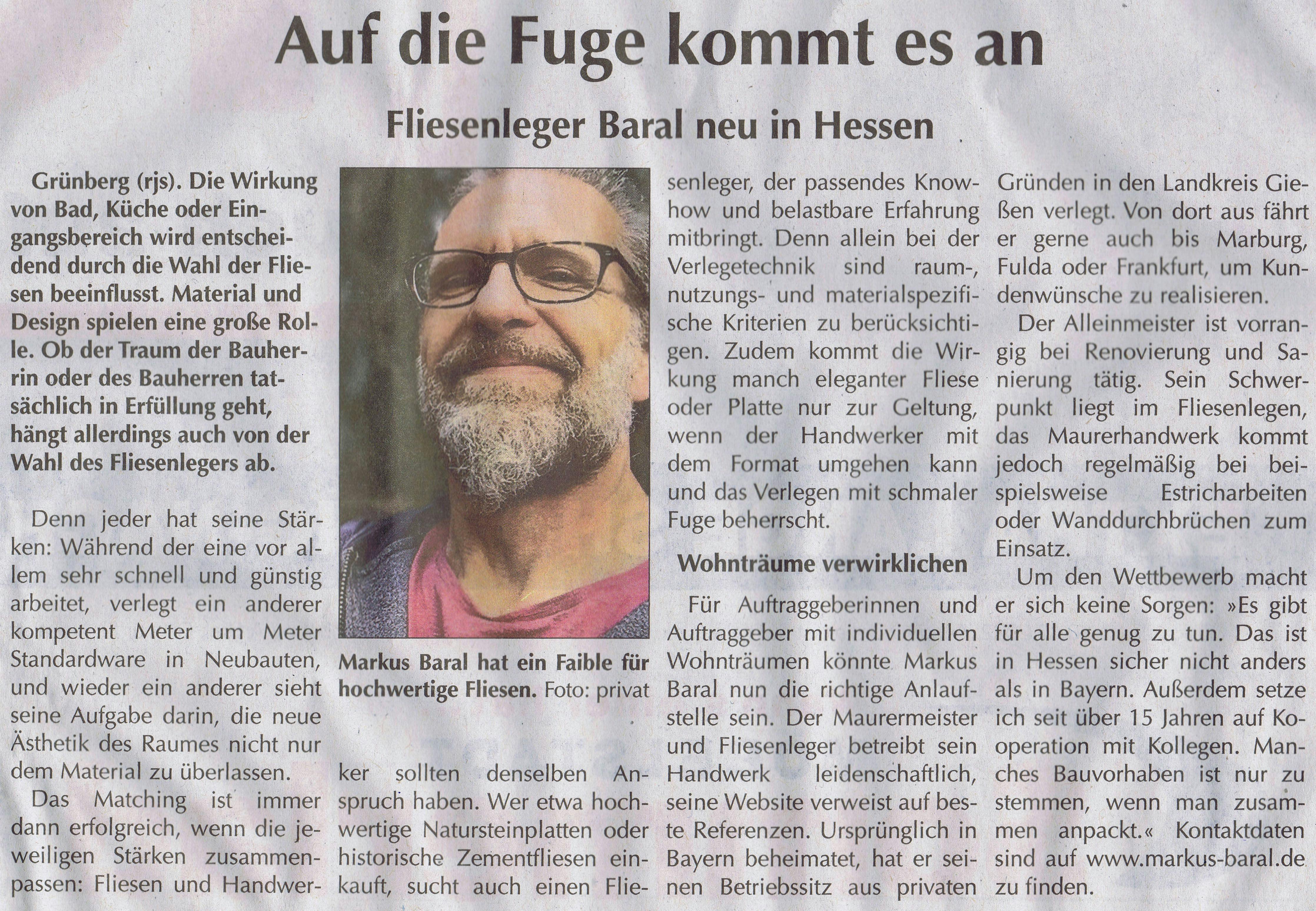 Foto eines Artikels in einer Printzeitung des Sonntag Morgenmagazin, Ausgabe B, vom 9. Oktober 2022: "Auf die Fuge kommt ea an: Fliesenleger Baral neu in Hessen"