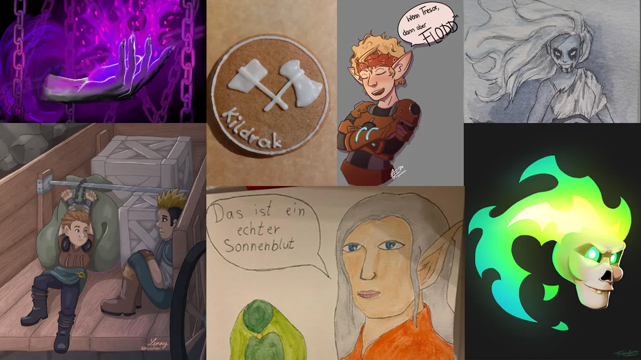 Einige der Kunstwerke zum DiceActober. Ketten des Chaos, Kildrak, Voll Bolzen, Lady Uriella, Sonnenblut und Gynther