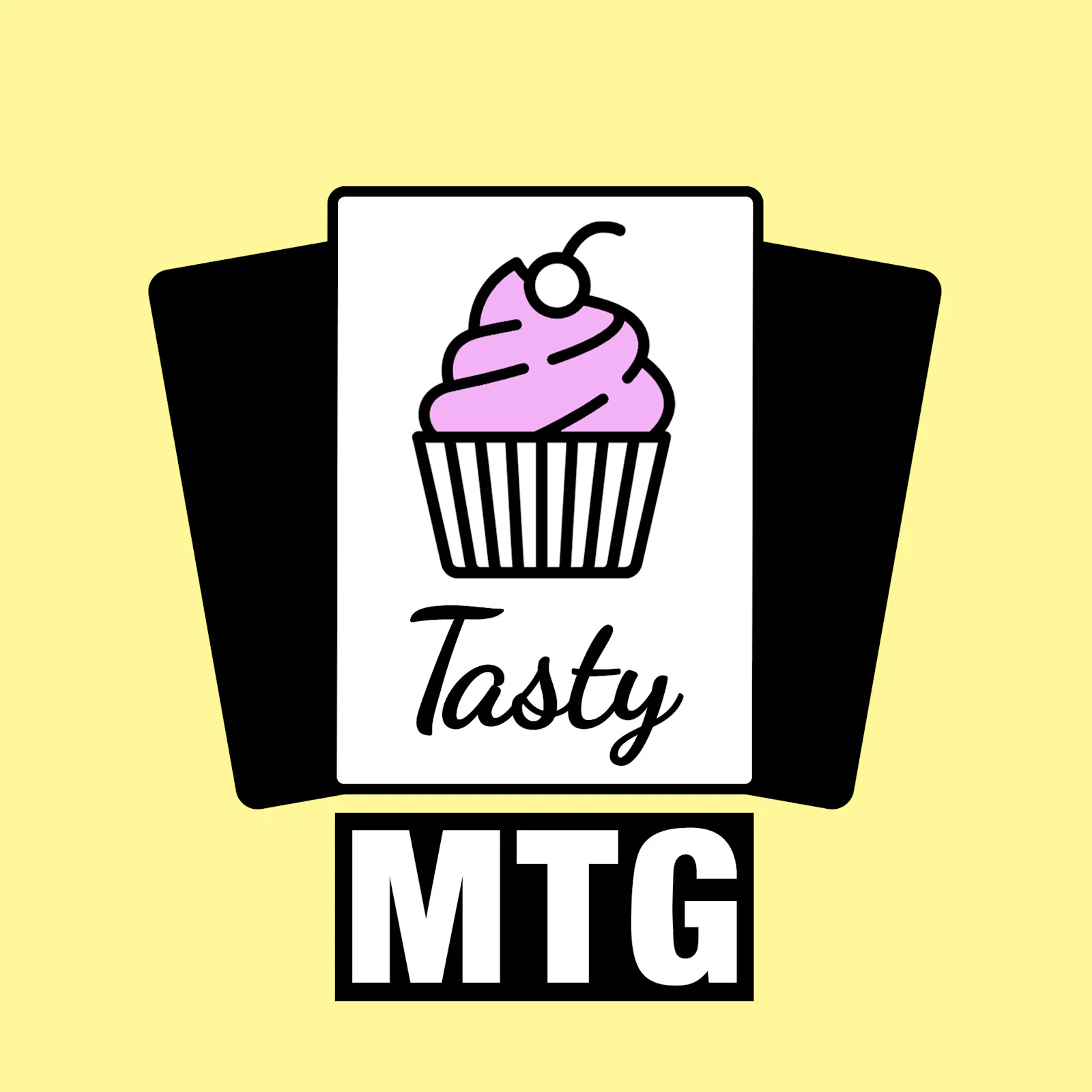 Das Tasty-MTG-Logo mit dem rosa Cupcake und dem Schriftzug "Tasty MTG"