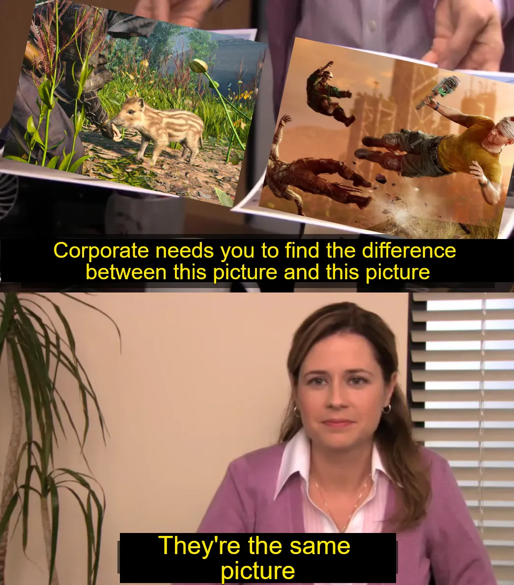 Das Meme "They're the same picture" zeigt ein Bild von einem Schweinchen aus Assassin's Creed Shadows und einem Dropkick aus Dying Light 2 mit der Frage, was der Unterschied zwischen den beiden Bildern sei. Die verdutzte Angestellte aus "The Office" kann keinen Unterschied erkennen.