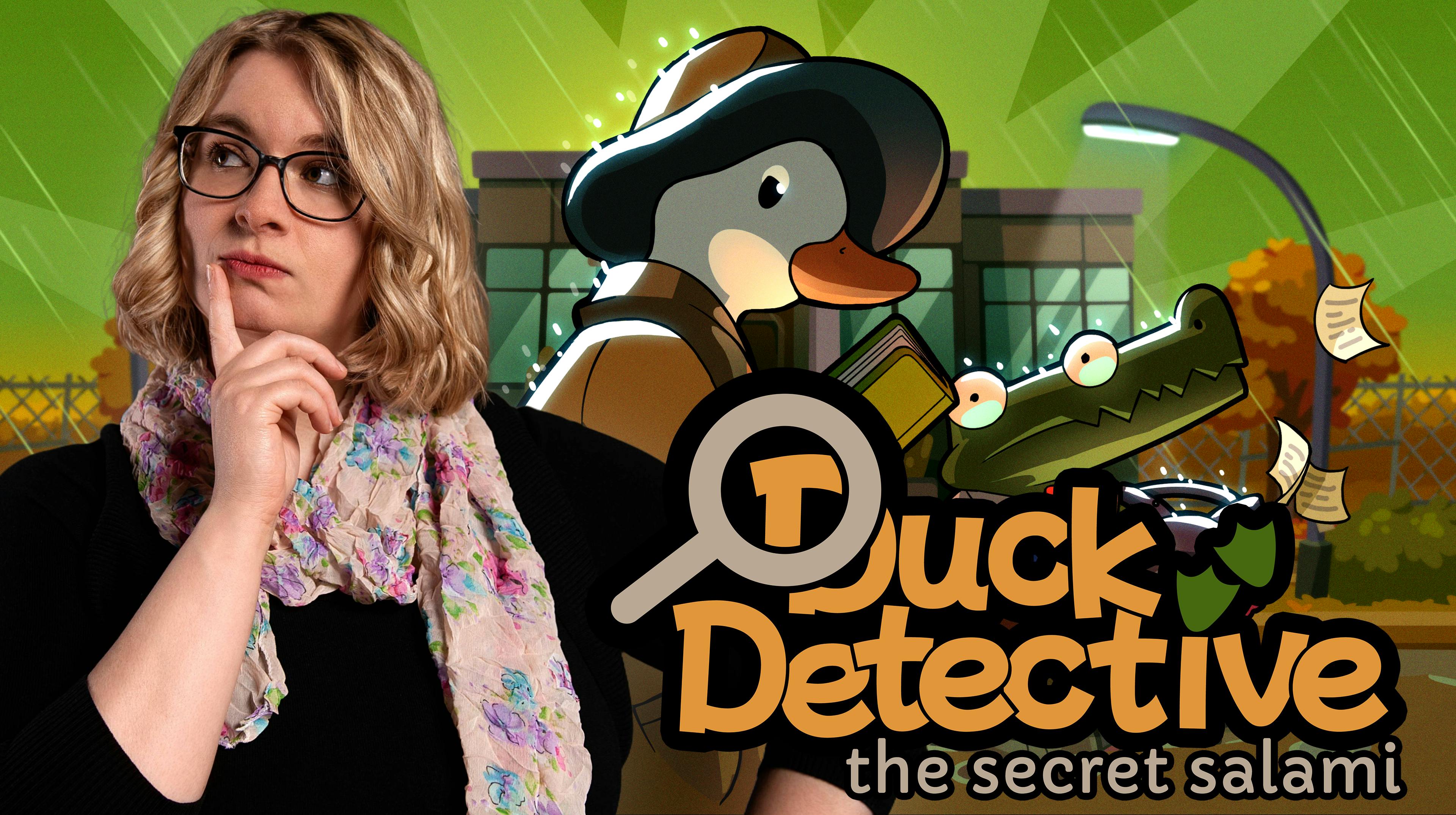 Carina schaut nachdenklich mit dem Finger ans Kinn gelegt zur Seite, hinter ihr das bunte Spielcover von „Duck Detective: The Secret Salami" mit einer cartoon-haften Ente im Detektivhut und einem Krokodil.
