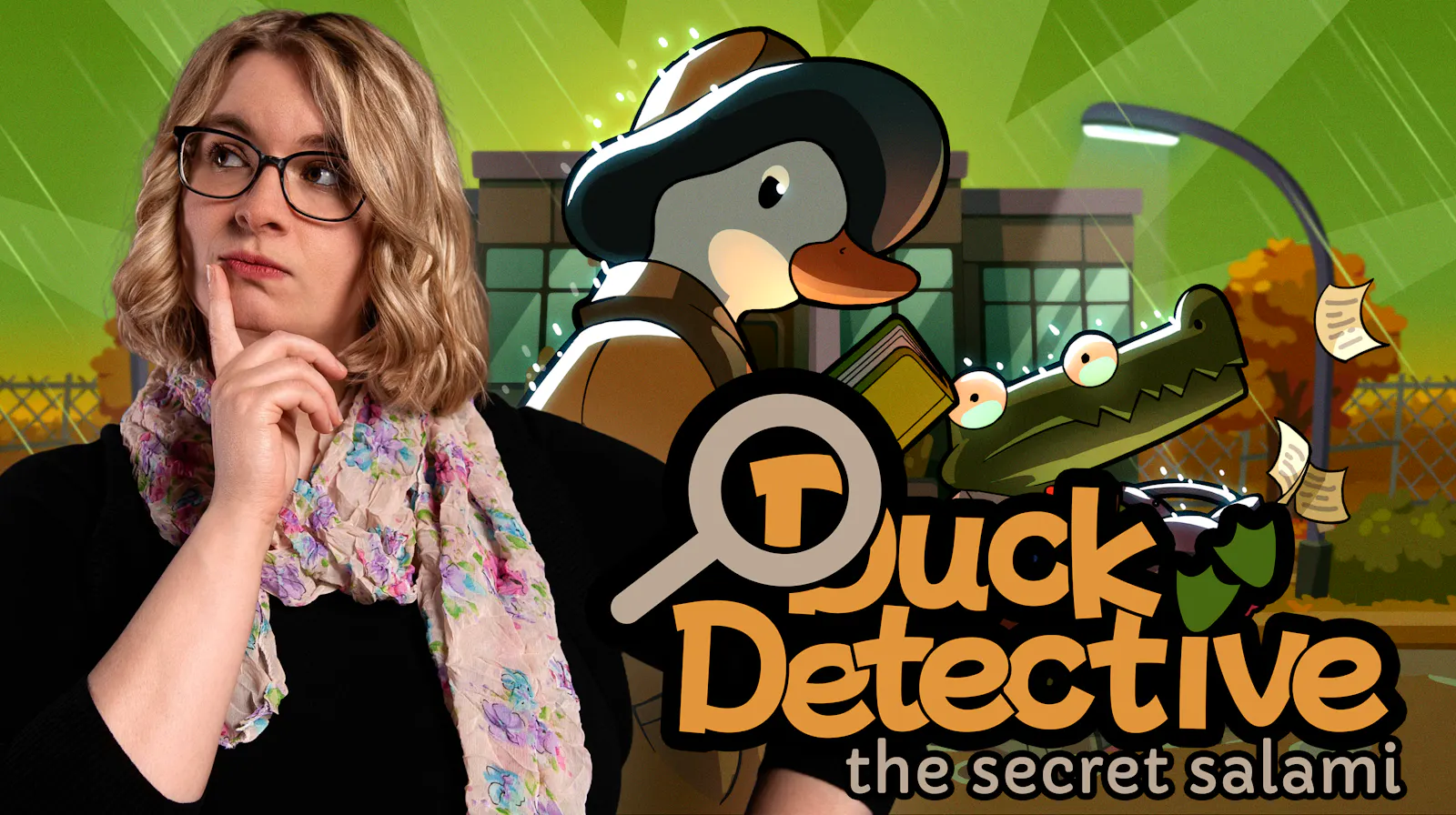Carina schaut nachdenklich mit dem Finger ans Kinn gelegt zur Seite, hinter ihr das bunte Spielcover von „Duck Detective: The Secret Salami" mit einer cartoon-haften Ente im Detektivhut und einem Krokodil.