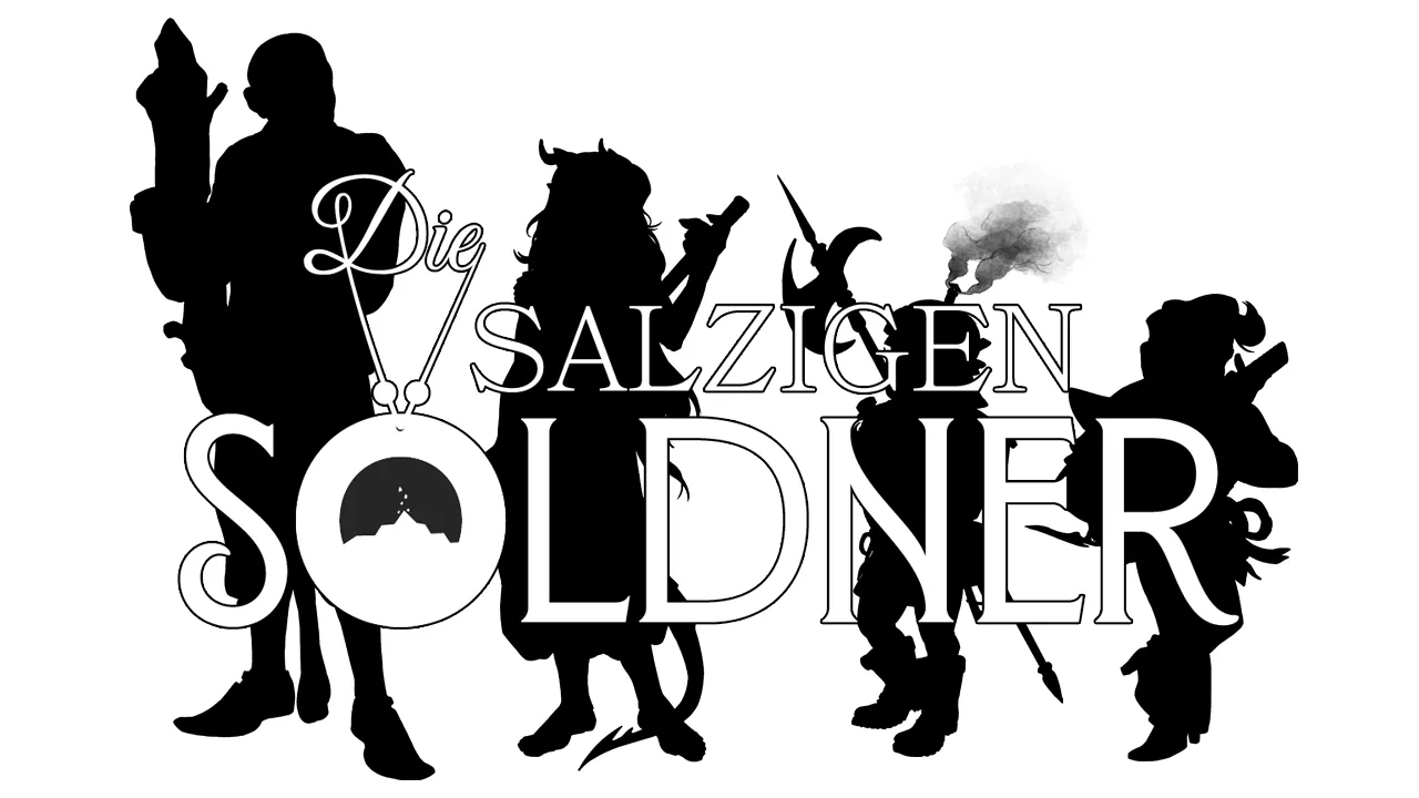 Logo der Salzigen Söldner: Schwarze Silhouetten von vier Charakteren unterschiedlicher Größe und mit verschiedenen Waffen. Der Schriftzug 'Die Salzigen Söldner' ist in einem Stil gesetzt, der geschwungene Kalligrafie mit großen, markanten Blockbuchstaben kombiniert.