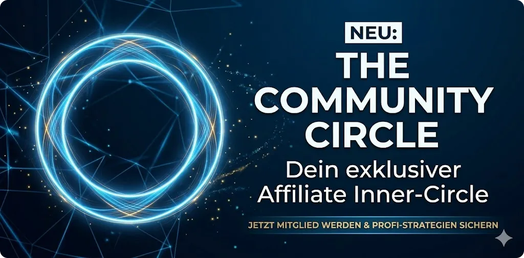Dunkelblaues Grafikdesign mit leuchtendem Kreis für The Community Circle, den exklusiven Affiliate Inner-Circle mit Profi-Strategien, Blueprints und Netzwerk.