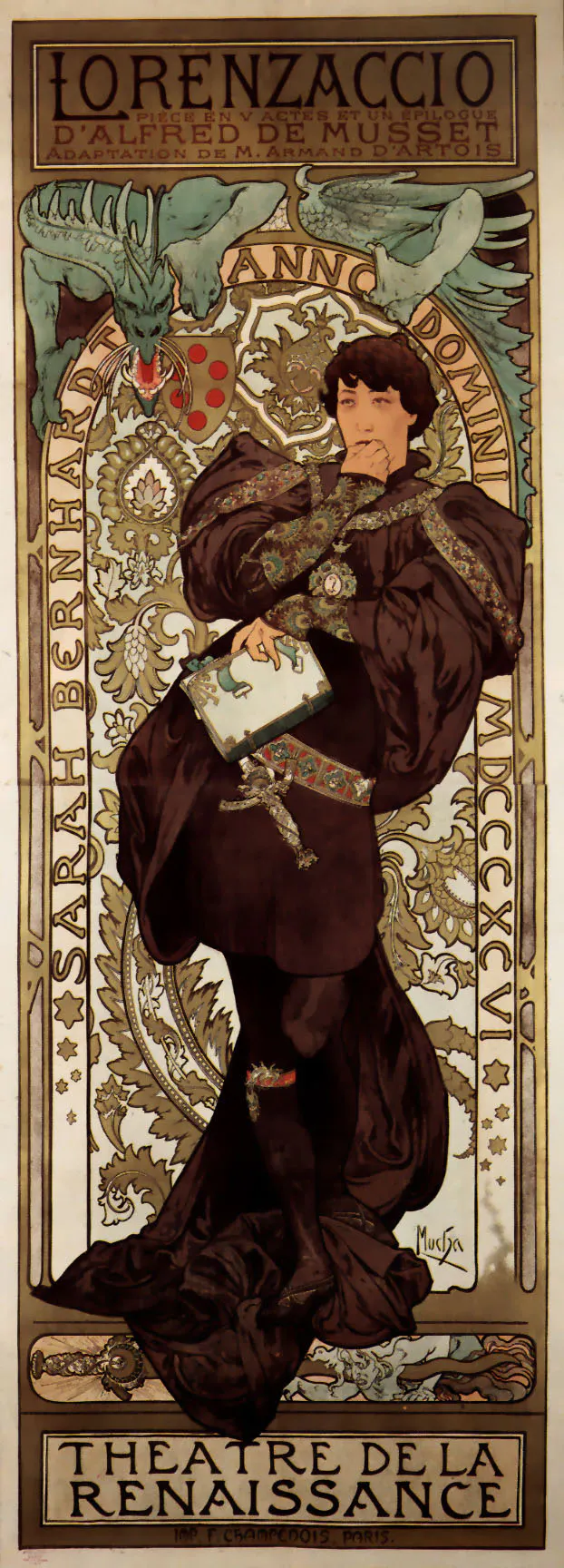 Jugendstil-Plakat, das Sarah Bernhardt in Mönchskutte und mit kurzem Haar zeigt
