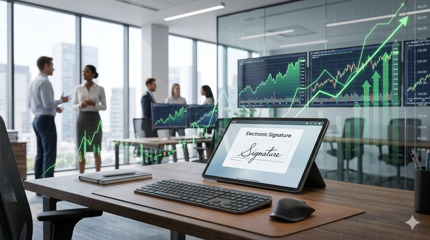 Picture of a digital tablet displaying an electronic signature, overlaid with stock market charts rising in the background.