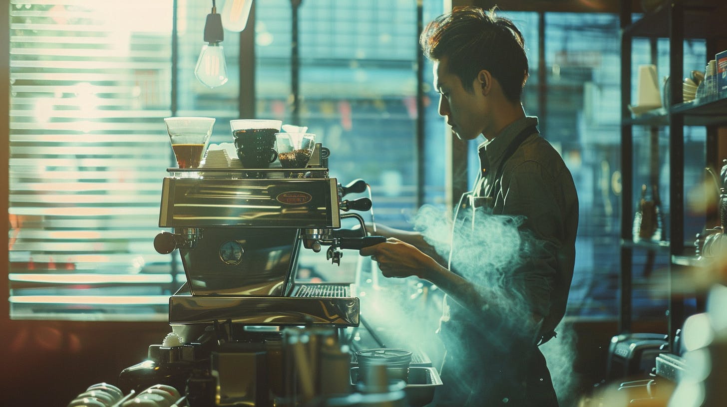 Ein Barista steht hinter einer Siebträgermaschine in einem Cafe.