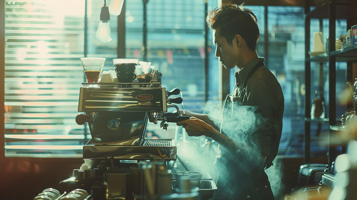 Ein Barista steht hinter einer Siebträgermaschine in einem Cafe.