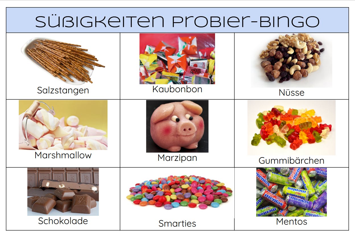Beispiel für ein Bingo für die Sinne mit dem  Süßigkeiten Probier-Bingo