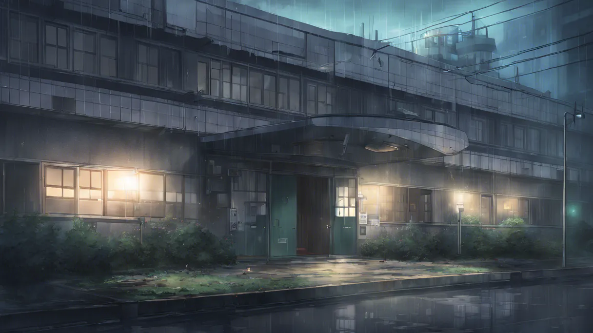 Dieses Bild zeigt ein Gebäude bei Nacht, das im Regen steht. Das Gebäude hat eine moderne, industrielle Ästhetik mit mehreren Fenstern, die teilweise erleuchtet sind, was auf eine Nutzung auch in den späten Abendstunden hinweist. Die Fassade ist aus dunklem Material gefertigt und wirkt etwas heruntergekommen, möglicherweise aufgrund des regnerischen Wetters und der Dunkelheit. Vor dem Gebäude befindet sich eine kleine Grünfläche mit Büschen, die durch die Beleuchtung der Straßenlaternen und der Fenster leicht beleuchtet werden. Der nasse Boden reflektiert das Licht und verstärkt die melancholische Stimmung der Szene. Es könnte sich um ein Krankenhaus, eine Klinik oder eine andere Art von öffentlichem Gebäude handeln.