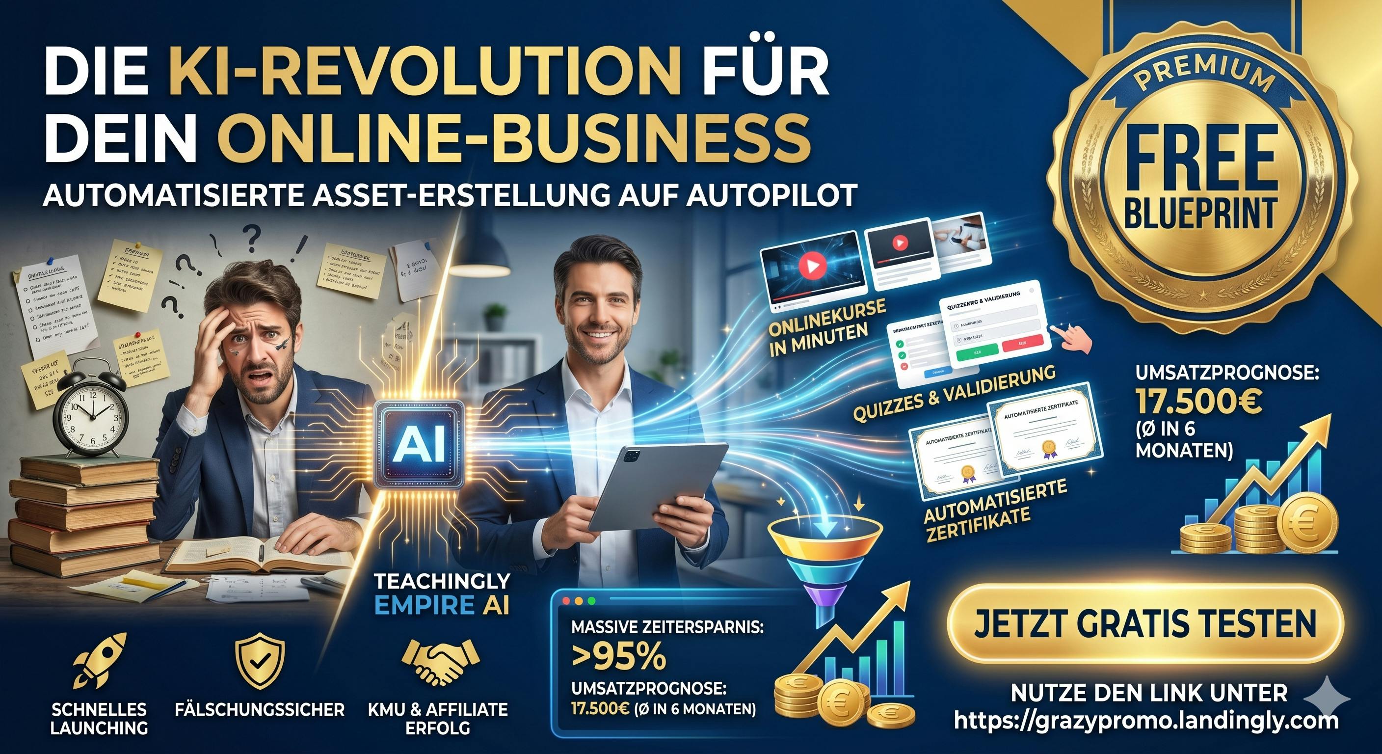 Werbebanner zur KI-Revolution im Online-Business mit Empirely TEACHINGLY: Ein glücklicher Unternehmer erstellt per Tablet automatisiert Onlinekurse, Quizzes und Zertifikate auf Autopilot im Vergleich zum gestressten, traditionellen Coach. Inklusive goldenem „FREE BLUEPRINT“-Siegel, Umsatzprognose von 17.500 € in 6 Monaten, über 95% Zeitersparnis und dem CTA „Jetzt gratis testen unter https://grazypromo.landingly.com“.