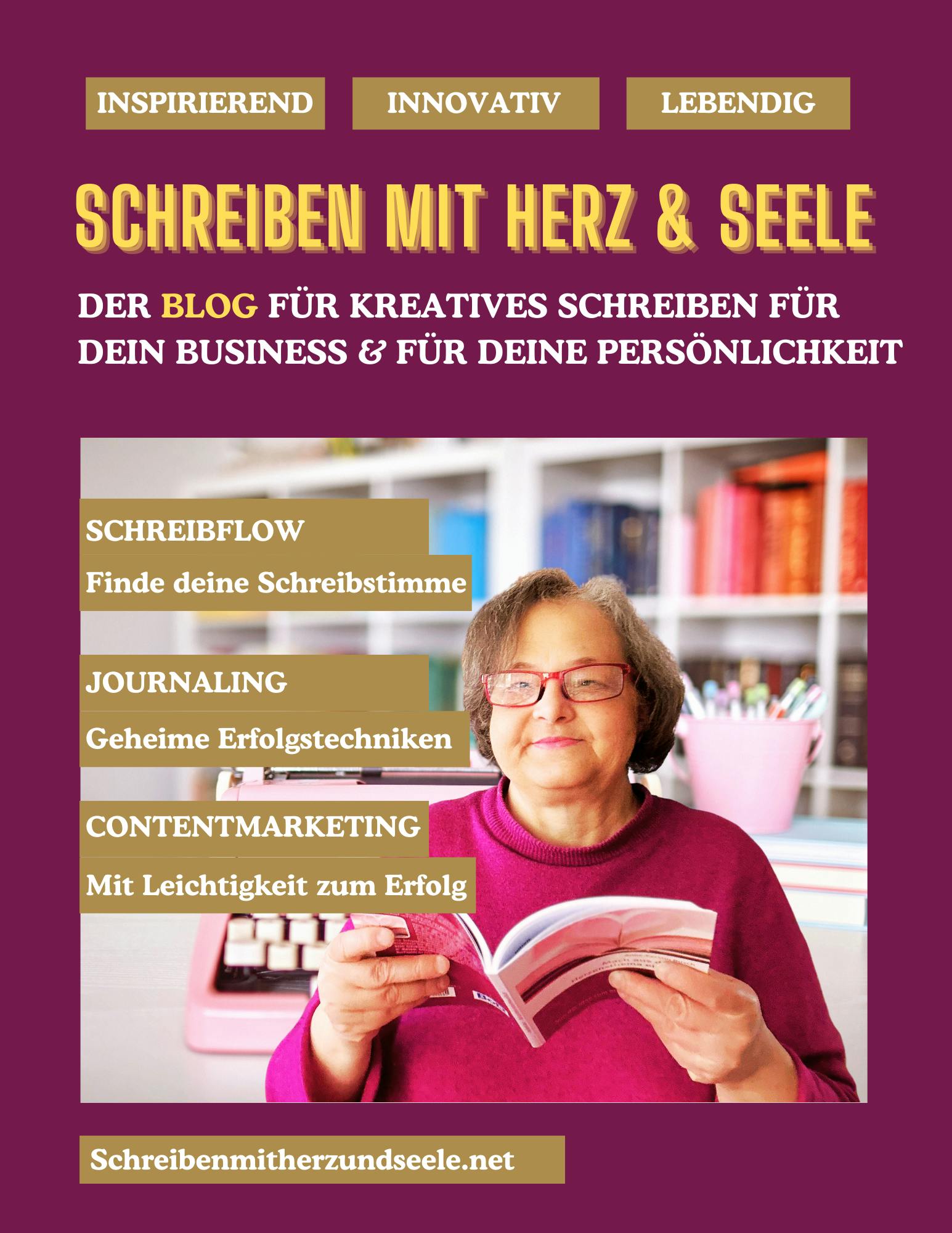 Cover für Schreiben mit Herz und Seele im Magazin-Style. Selbstporträt - im Hintergrund ein Buchregal und Stifte.