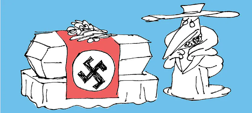 Zeichnung: Aufgebahrter Sarg, auf dem eine Hakenkreuzflagge liegt. Neben ihm steht ein mit Hut und Mantel bekleideter Vogel.
