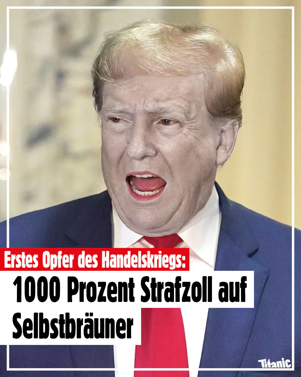 Bild: Donald Trump mit geöffnetem Mund. Seine Haut ist sehr, sehr blass.
Text: Erstes Opfer des Handelskriegs:
1000 Prozent Strafzoll auf Selbstbräuner.