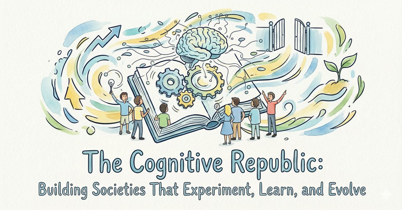 A happy hopeful dynamic uncluttered image in ink and water colours for The Cognitive Republic: Building Societies That Experiment, Learn, and Evolve.