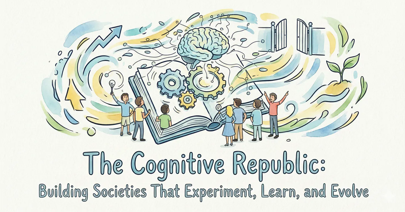A happy hopeful dynamic uncluttered image in ink and water colours for The Cognitive Republic: Building Societies That Experiment, Learn, and Evolve.