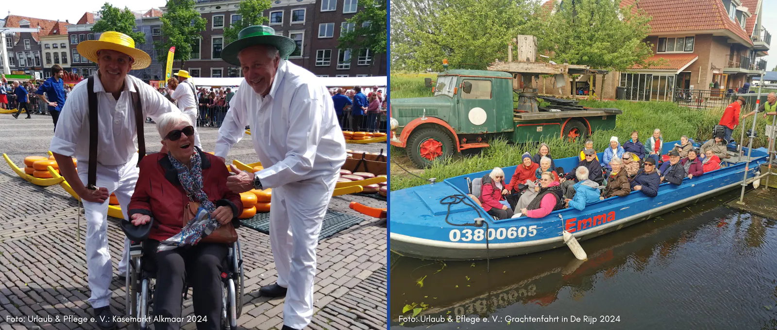 Linkes Bild: Seniorin im Rollstuhl auf dem Käsemarkt in Alkmaar mit zwei Käseträgern.
Rechtes Bild: Reisegruppe in einem barrierefreien blauen Grachtenboot.