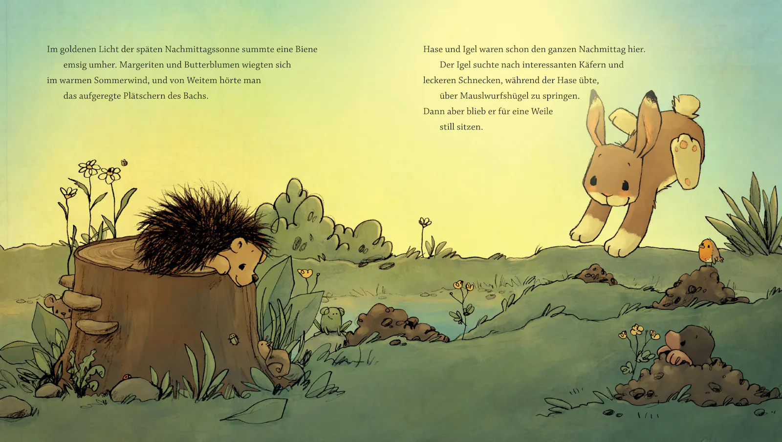 Sprunghaft im Sommer: Hase und Igel (und Maulwurf und Vogel) // © Michael Engler (Text), Joëlle Tourlonias (Illustration) / 2025 Bastei Lübbe AG