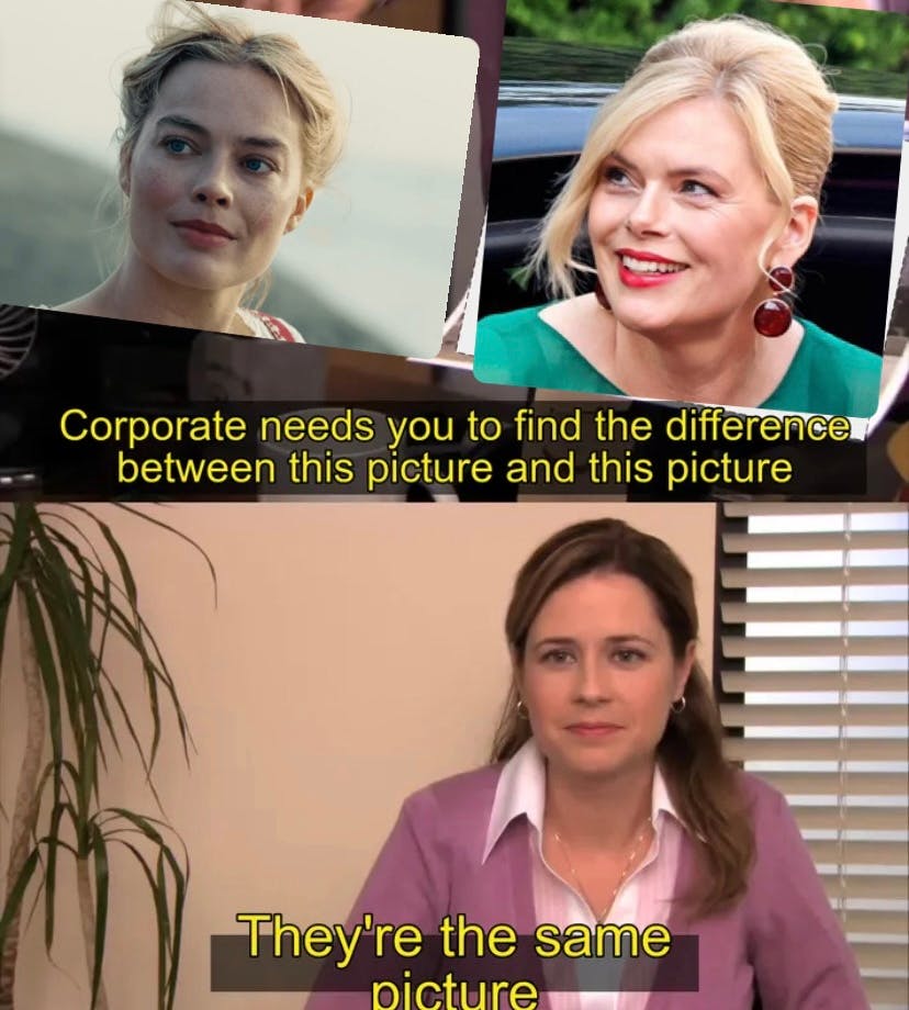 Das the office same picture meme, der Protagonistin werden Margot Robbie und Julia Klöckner im Vergleich gezeigt, sie antwortet “it’s the same picture”