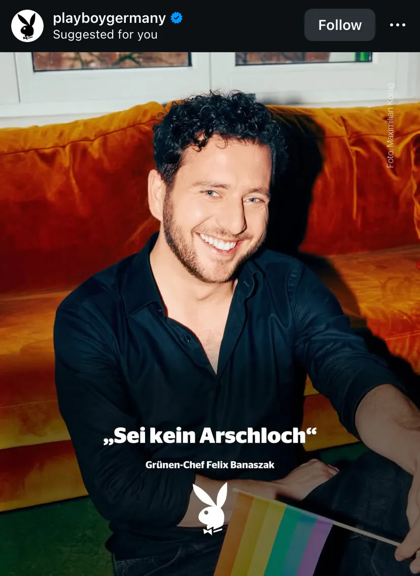 Felix Banaszak lächelt für den Playboy in die Kamera, wird zitiert mit “sei kein arschloch”