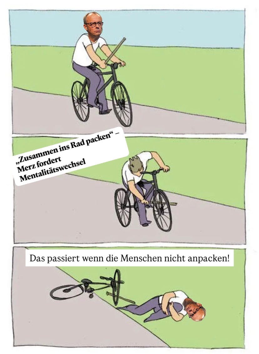 Friedrich Merz fährt Fahrrad, steckt einen Stick in die Speichen des Vorderrads, stürzt, beschwert sich dass Leute nicht richtig arbeiten würden