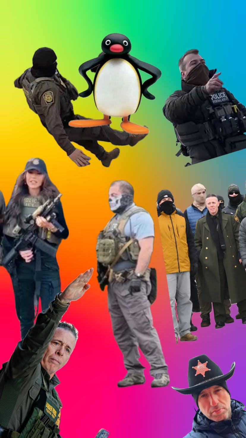Ein regenbogenfarbener Hintergrund, auf dem der ausrutschende ice-Agent, pingu, der Mörder von Renee Good, Kristi Norm in tactical gear, einem staatlichen Schläger mit Nazi typischer TotenKopfMaske, Greg Bovino in seinem Nazimantel und Greg Bovino den hitlergruß zeigend, Boris Palmer mit Sherriffhut