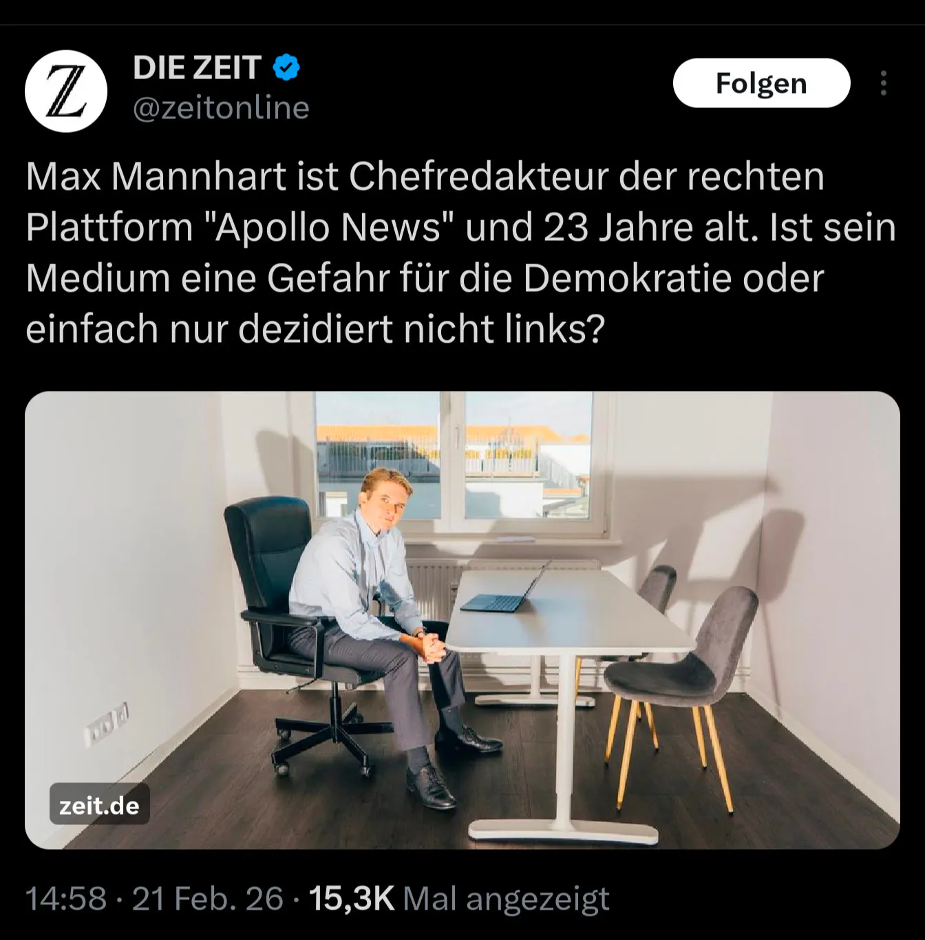 DIE ZEIT @zeitonline
Max Mannhart ist Chefredakteur der rechten Plattform "Apollo News" und 23 Jahre alt. Ist sein Medium eine Gefahr für die Demokratie oder einfach nur dezidiert nicht links?