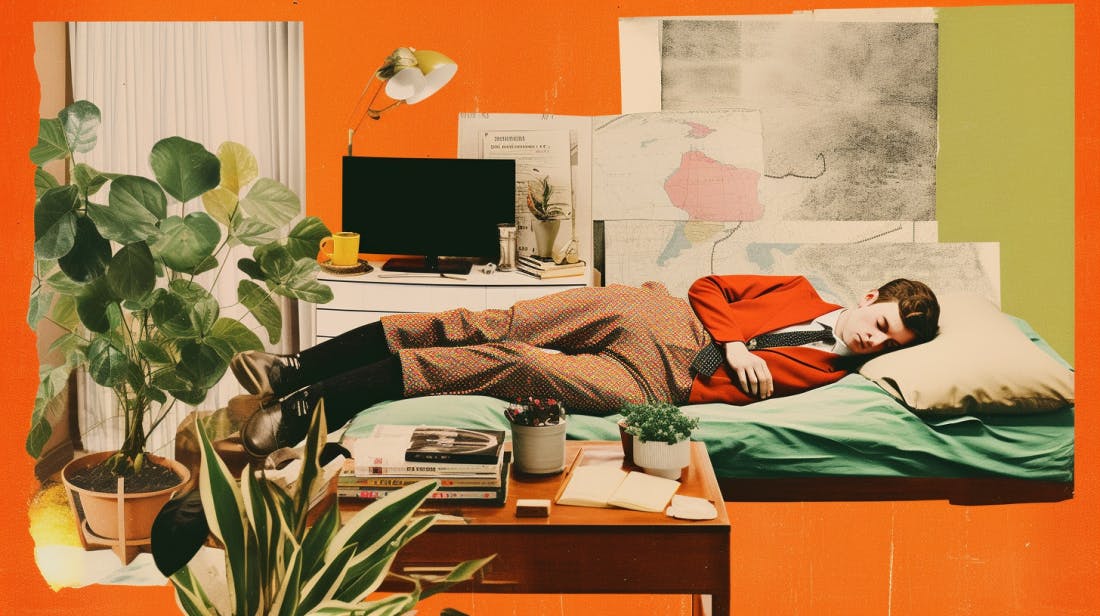 Eine Collage mit Schnipsel. Sie zeigt einen Raum, mit Zimmerpflanzen und ein Bett, in dem ein junger Mann mit rotem Jacket liegt und schläft.