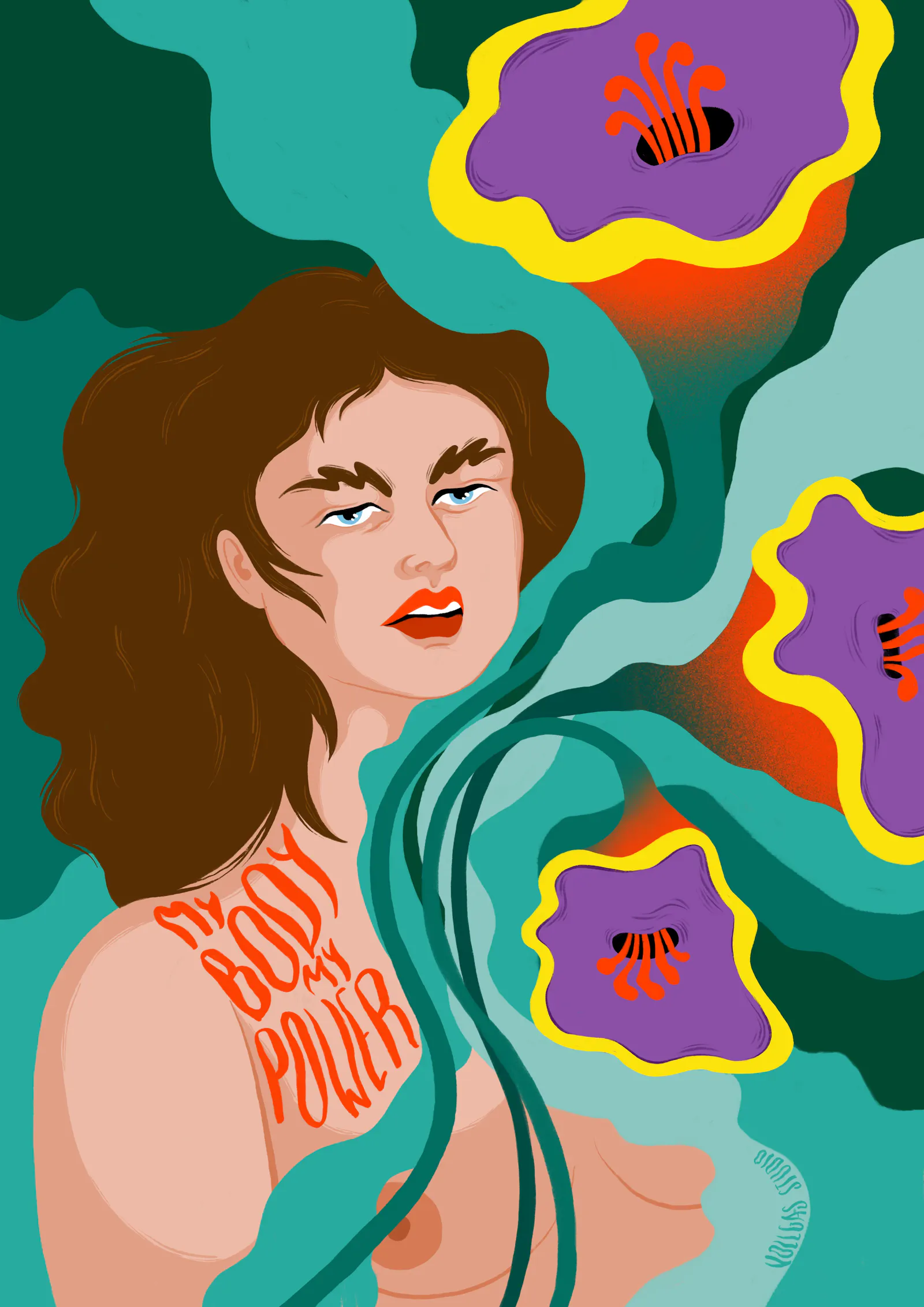 My Body, My Power Illustration. Eine Frau mit Braunen Haaren und vielen dekorativen lila Blumen.