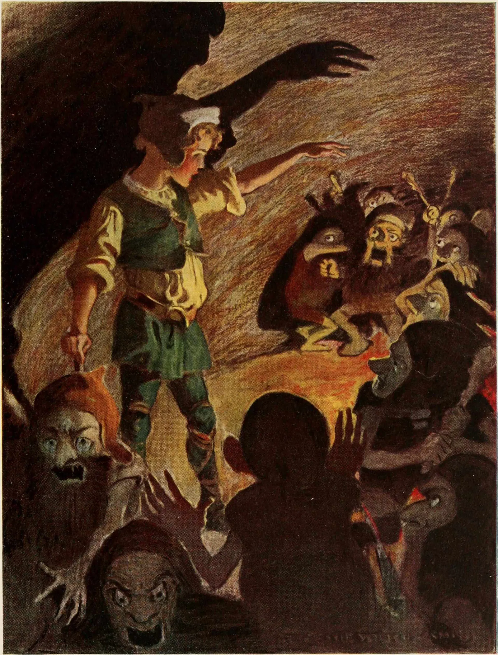 Curdie vertreibt die Kobolde, The princess and the goblin, Illustration von Jessie Willcox Smith,1920, gemeinfrei.