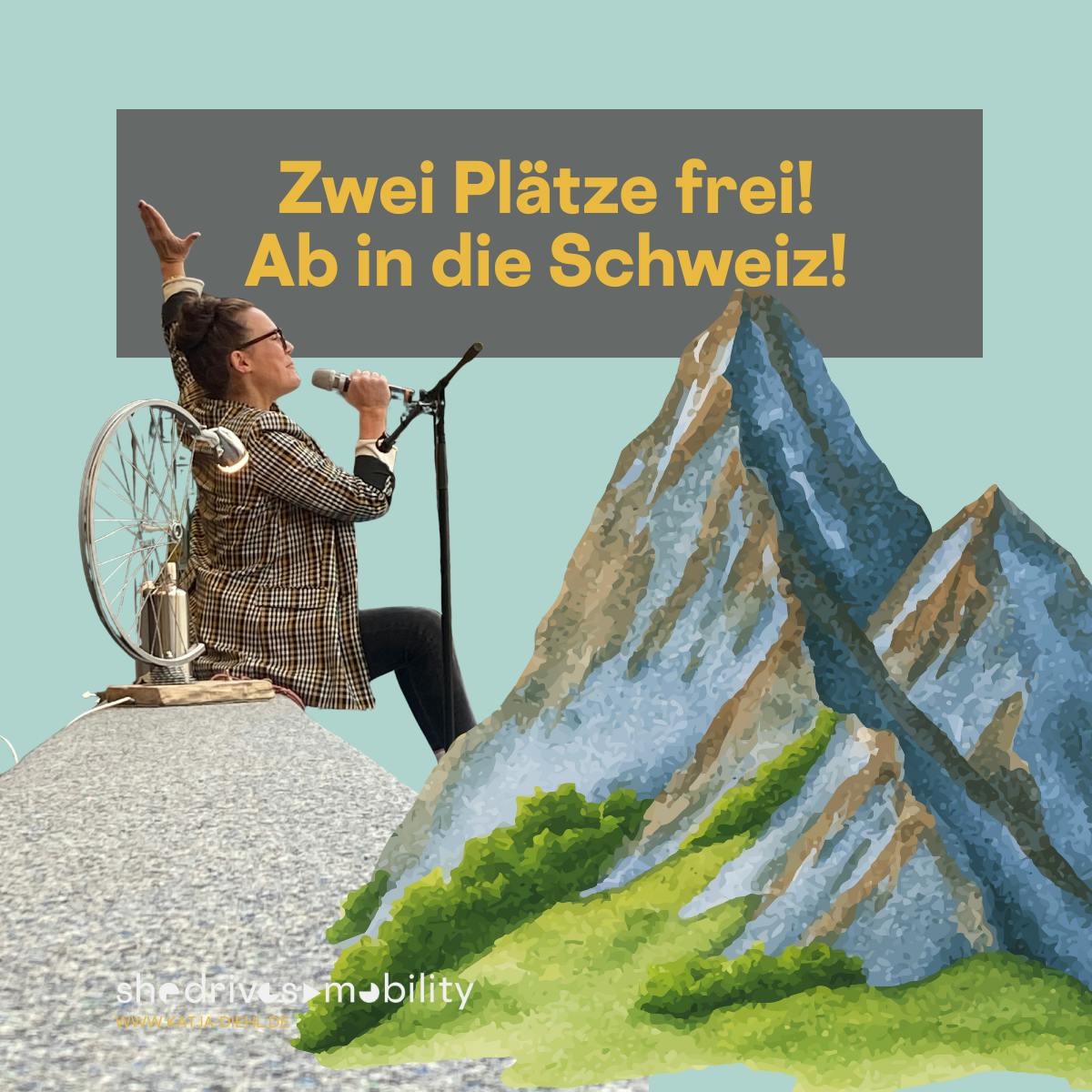 eine Person mit kariertem Anzug hält ein Mikro und die andere Hand gen Himmel. Ihre Füße stehen auf einem in das Bild montierten Berg. Darüber der Text: "Zwei Plätze frei! Ab in die Schweiz!"