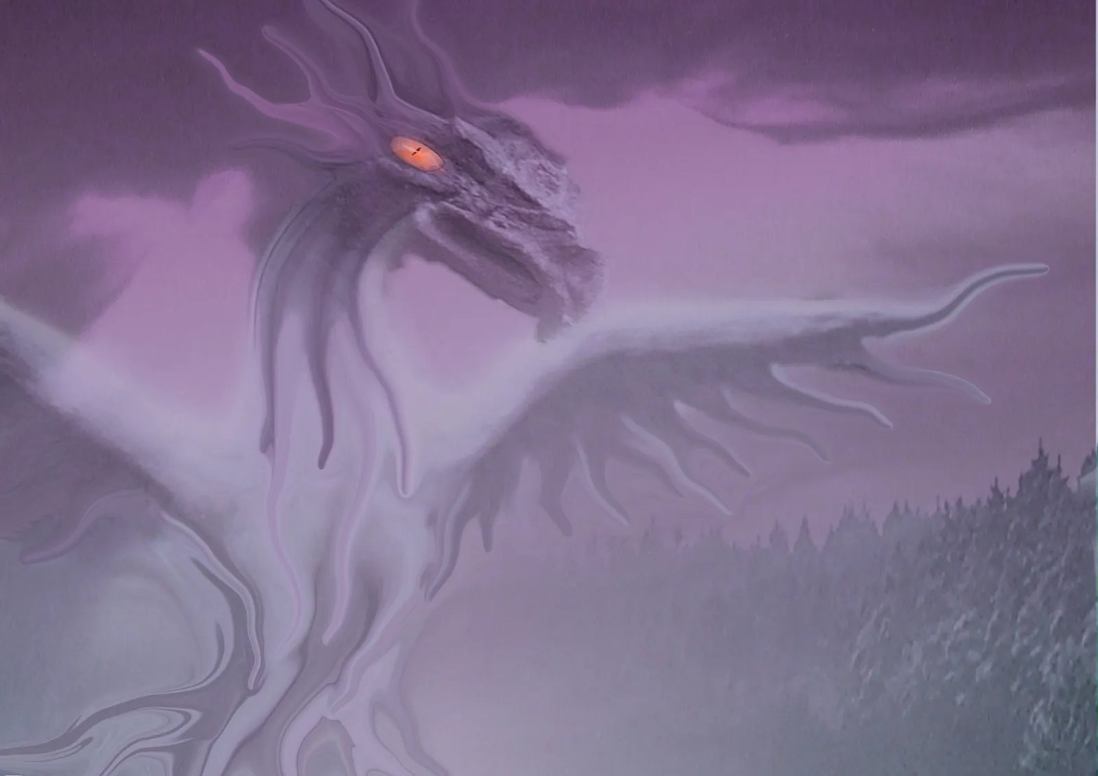 Ein Drache mit ausgebreiteten Flügeln und glühendem Auge
