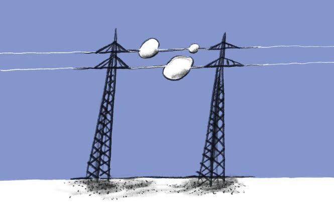 Eine Illustration zeigt eine Hochspannungsleitung mit fast platzenden Leitungen