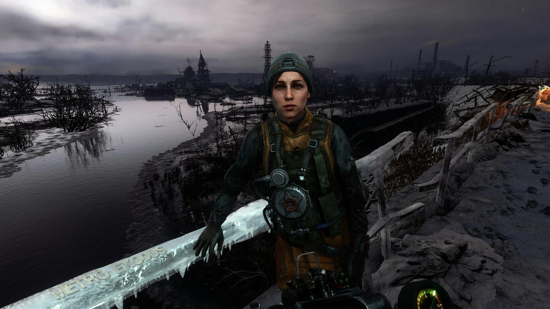 Eine Figur aus Metro: Exodus, monologisierend an ein Geländer gelehnt.