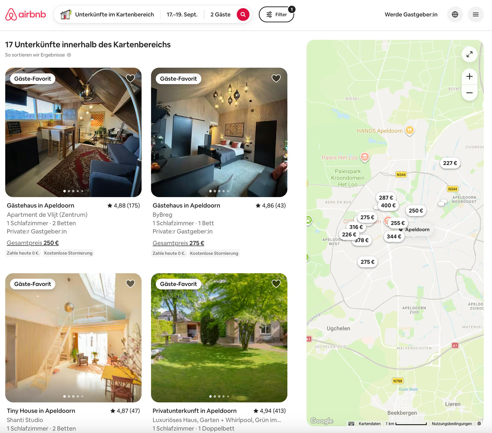 Screenshot AirBnB, Stand: 27.3.2026, Apartmentsuche in Apeldoorn, für 2 Personen mit zwei Übernachtungen