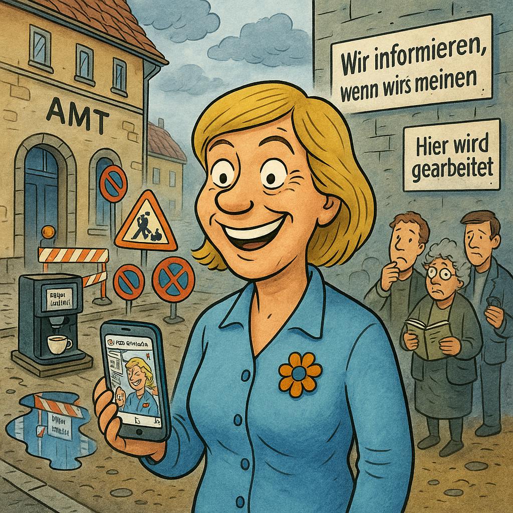 Satirisches Comicbild im Erna-Schippel-Stil: Im Vordergrund steht eine breit grinsende Frau mittleren Alters mit hellblauer Bluse und bunter Blumenbrosche. In der Hand hält sie ein Smartphone mit einem Selfie vor einer Baustelle. Hinter ihr eine heruntergekommene Amtsgasse mit chaotischer Baustelle, schiefen Verkehrsschildern, einer großen Pfütze und einem alten Kaffeeautomaten mit Schild „Preis erhöht“. Drei Bürger stehen am Bildrand verwundert oder ratlos. An der Hauswand hängen zwei ironische Schilder: „Wir informieren, wenn wir’s meinen“ und „Hier wird gearbeitet“. Die Szene wirkt überzeichnet, bunt und humorvoll mit norddeutsch-trockenem Ton.