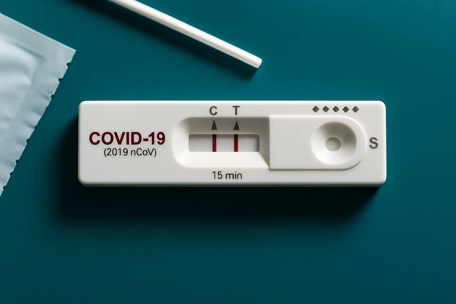 Das Foto zeigt einen Covid-19-Antigen-Schnelltest mit zwei roten Linien auf dunklem türkisen Hintergrund, daneben liegt ein Wattestäbchen.