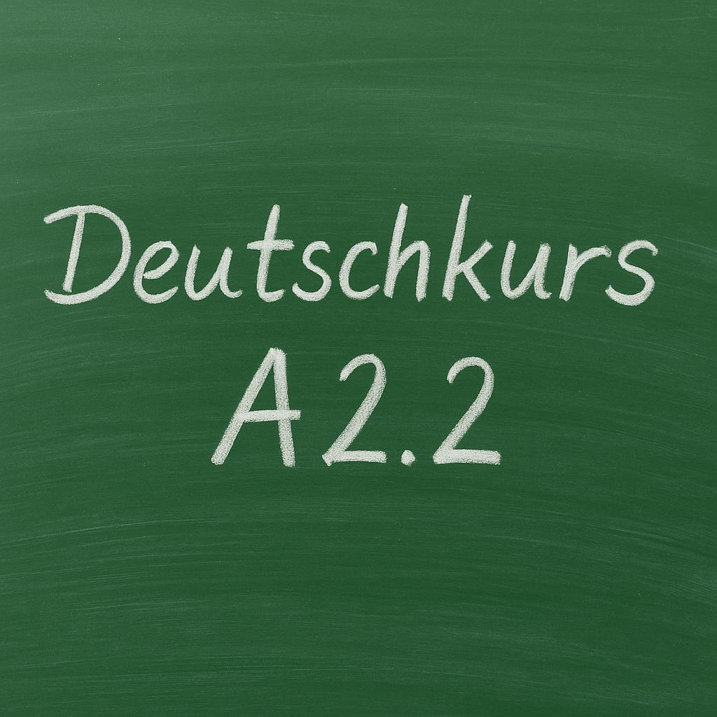 Das Foto zeigt eine grüne Schultafel mit handschriftlicher Kreideaufschrift „Deutschkurs A2.2“. Symbolfoto für die neuen Regeln, nach denen Zuwander:innen in drei Jahren Deutsch auf A2-Niveau können sollen.