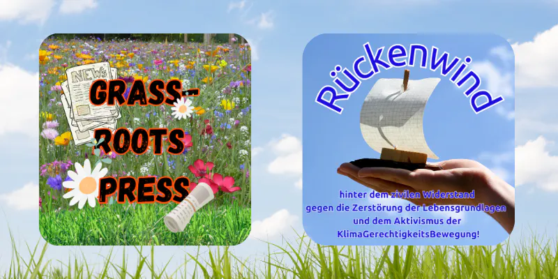 Die ersten beiden Logos der Kampagne graswurzelpresse und des Kolloquiums Rückenwind - 2024:
Das "fliegende Schiff" auf der wohlwollenden Hand mit dem Segel aus Schreibpapier, das von Rückenwind gestärkt wird.
Die blühende Graswurzelwiese mit dem Wort grassrootspress - graswurzelpresse und einigen Zeitungen.