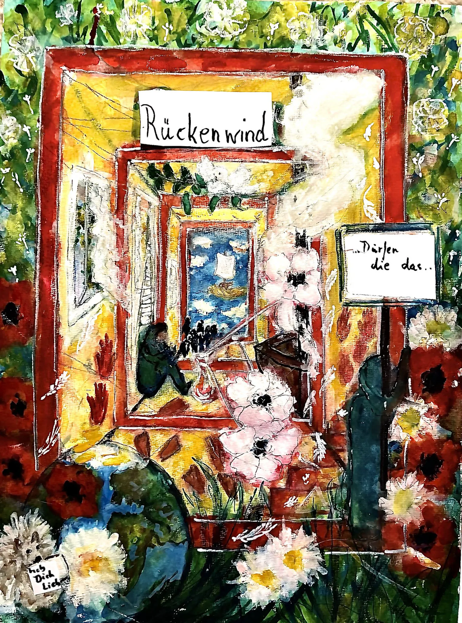 In der Mitte befindet sich das Logo. Ein von Rückenwind angetriebenes "fliegendes Schiff", das von einer wohlwollenden Hand getragen wird.
In einer Art Flur sitzt ein Mensch mit dem Rücken an die Wand gelehnt - umgeben von Blumen, Bildern, Geschichten, Gedanken, Ideen ...
Drumherum gedeiht und blüht die Graswurzelwiese.
Der Hund - aus der Reihe Bär & Hund - ist unten links im Bild zu sehen und sagt zur ganzen Welt - zwischen den Blumen ist eine Weltkugel zu sehen - "Ich hab dich lieb."