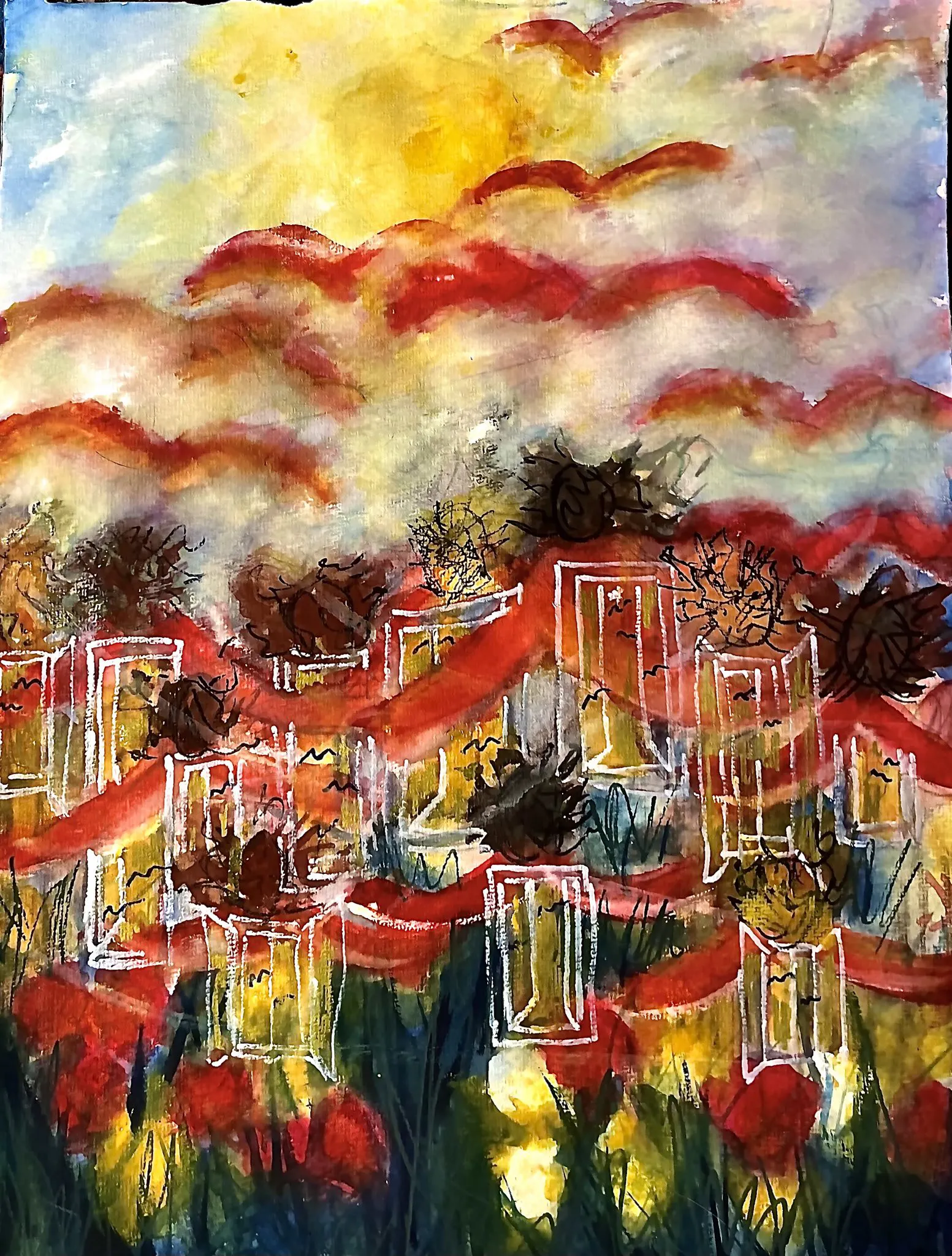 Auf der Graswurzelwiese mit bunten Blumen stehen Menschen, die sich gegenseitig die Arme umlegen. Ihr gestärkter Rücken wird durch Fenster symbolisiert. Große Vögel breiten ihre Schwingen hoch in den Lüften aus und werden vom Wind getragen. Die Flügel der Tiere sind wie die Arme der Menschen orange - die Warnfarbe des FeuerAlarms und der Letzten Generation vor den KlimaKippPunkten, die hier symbolisch für alle Gruppen der KlimaGerechtigkeitsBewegung steht, die alle mit ihren Protestformen, Aktionen, Veranstaltungen, Versammlungen und mit zivilem Widerstand gegen die Zerstörung der Lebensgrundlagen für das gute Leben #füralle auf dem Weg sind.