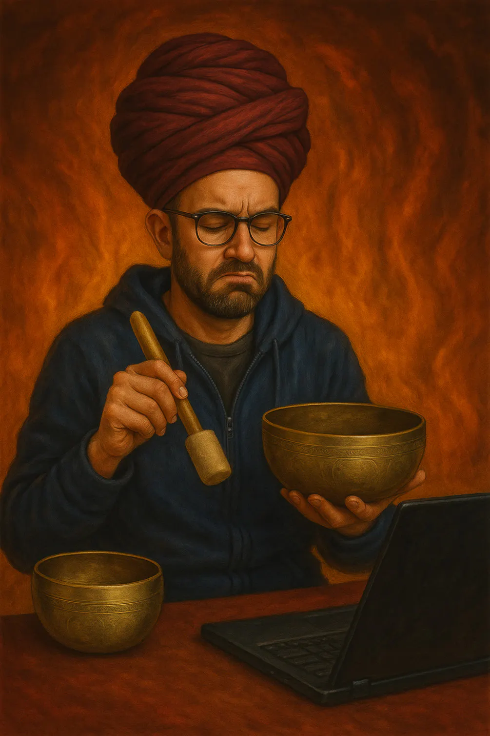 Auf diesem Bild siehst du einen Mann mit Klangschale in der Hand. Er trägt einen Turban und sieht sehr unzufrieden aus. In seiner Hand hält er eine Klangschale, und vor ihm steht sein Laptop. Er versucht gerade die Schwingung seines Blogbeitrags zu erhöhen.