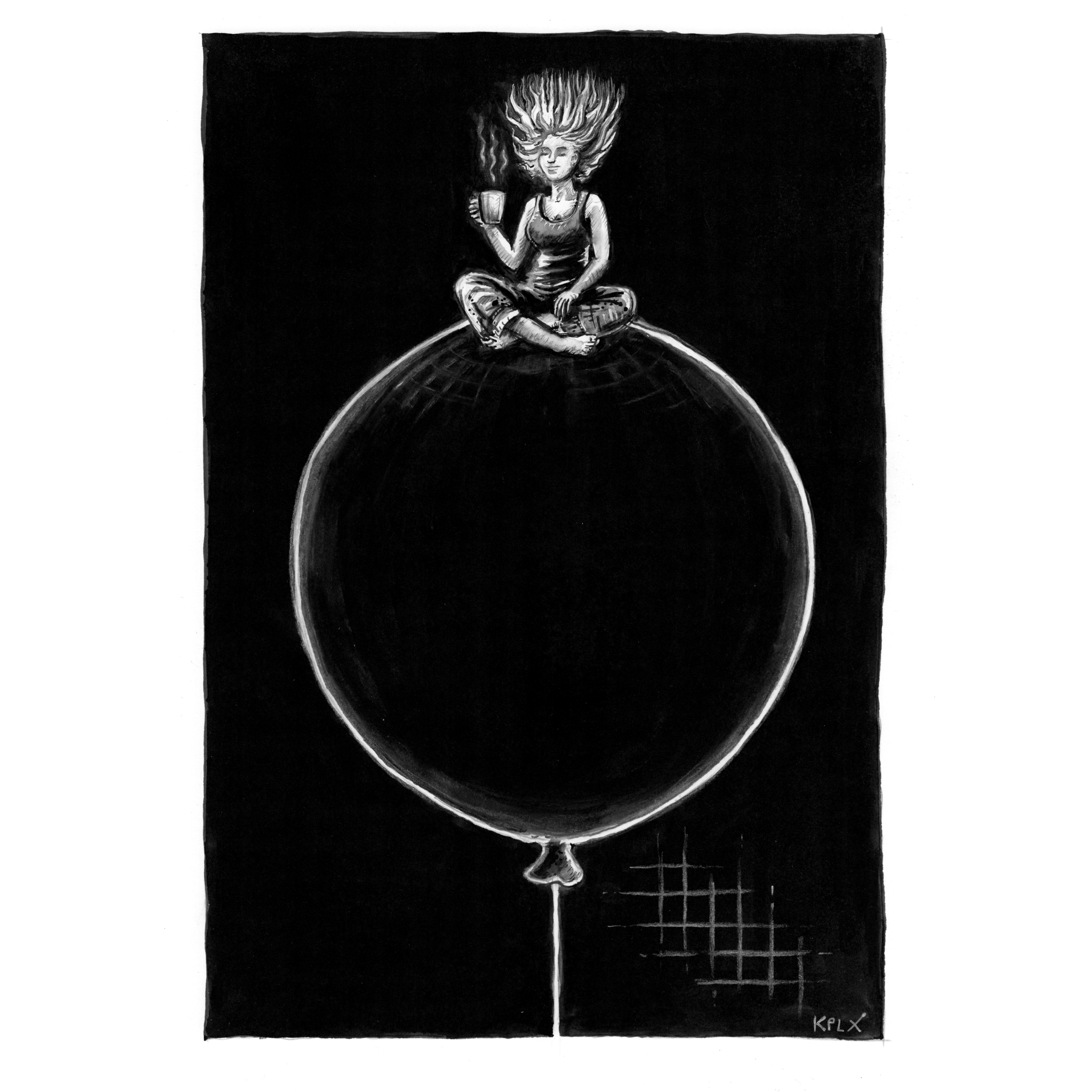 Alt-Text (Deutsch):
Schwarz-weiße Illustration einer Frau, die im Schneidersitz auf einem großen dunklen Ballon sitzt. Ihre Haare stehen statisch geladen nach oben. In einer Hand hält sie eine dampfende Tasse. Der Hintergrund ist tiefschwarz, der Ballon nur durch helle Konturen sichtbar.

Alt Text (English):
Black-and-white illustration of a woman sitting cross-legged on a large dark balloon. Her hair stands upright from static electricity. She holds a steaming cup in one hand. The background is deep black, with the balloon defined by light outlines.